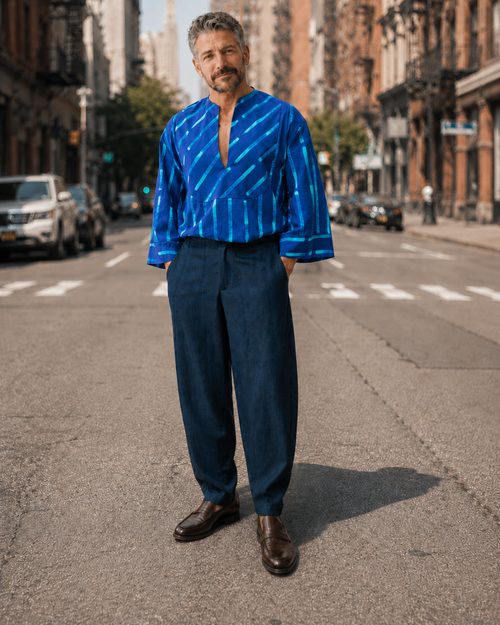 Haiko Blu/riga azzurra – Camicia Oversize Unisex d’Ispirazione Geometrica